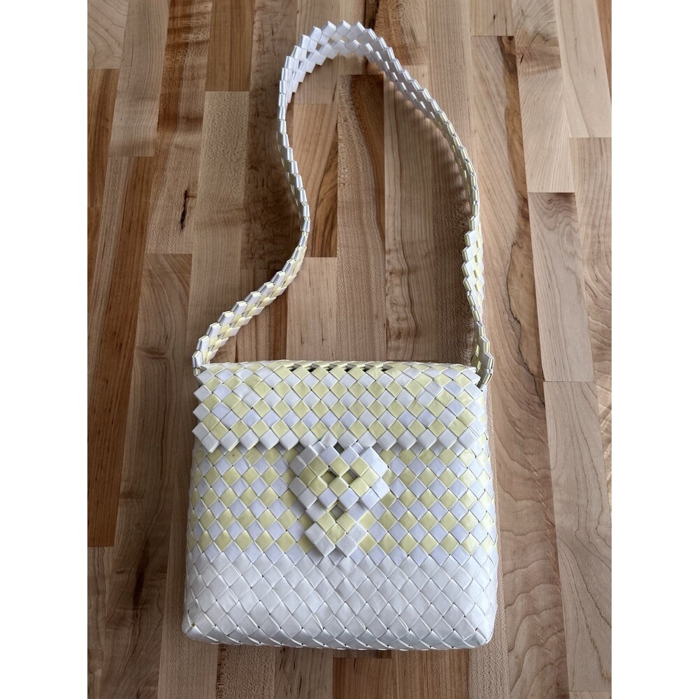 Handmade Recycled Plastic Woven Purse Shoulder Bag Yellow White Medium Size
